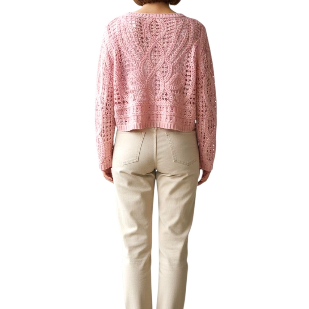 POL Crochet Squares Cropped Long Sleeve Top In Pink Sz OS Boho Knit NWOT - Picture 5 of 11